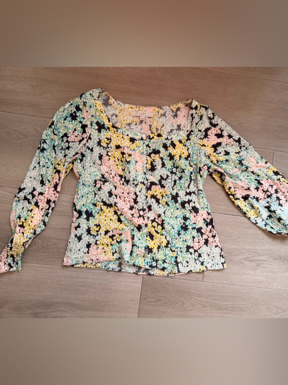LOFT  S Top Garden Smocked Cuff Square Neck Pastel Pink Green Yellow Retro small